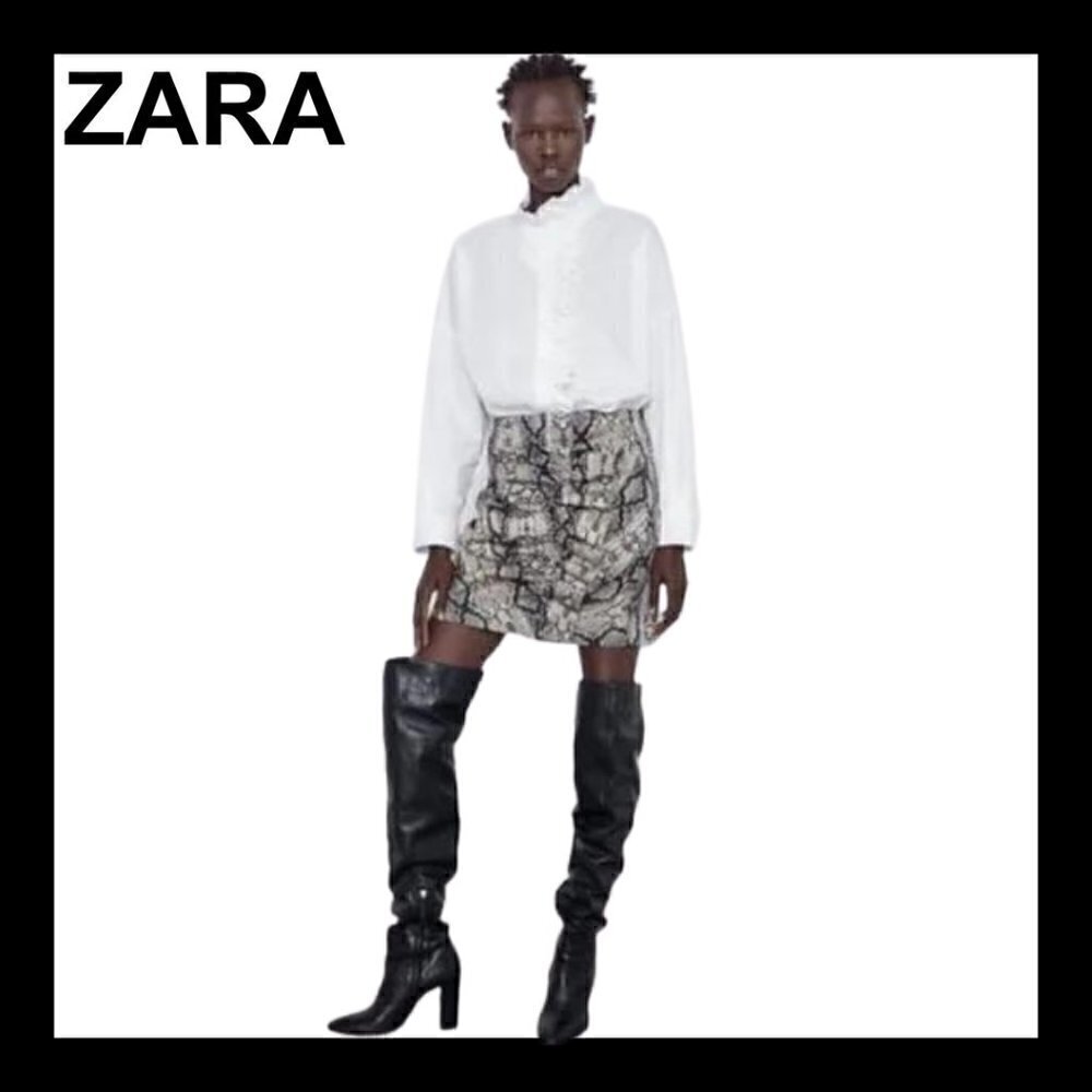 ZARA Snake print front ruffle pencil skirt